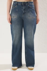 Trendyol Curve Dark Blue High Waist Wide Leg comfort/Middle Flexible Plus Size Wide Leg jeans - Image 3