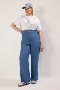 Trendyol Curve Dark Blue High Waist Wide Leg Summer Tencel Plus Size Wide Leg jeans