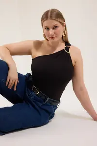Trendyol Curve Black Accessory Detailed Knitting Plus Size snaps Bodysuit