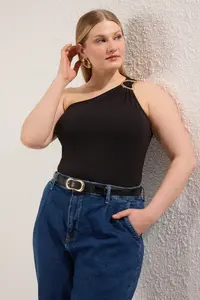 Trendyol Curve Black Accessory Detailed Knitting Plus Size snaps Bodysuit - Image 2