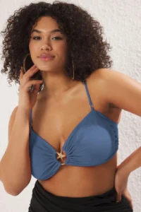 Trendyol Curve Mavi Yıldız Accessory Detailed Sleeveless Plus Size Bikini Top - Image 5