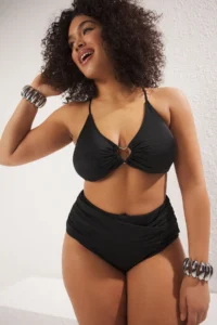 Trendyol Curve Black Heart Accessory Detailed Sleeveless Plus Size Bikini Top