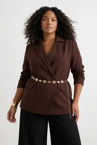Trendyol Curve Brown Gold Arched Lined Plus Size Jacket / Blazer - Image 2