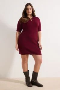 Trendyol Curve Burgundy Polo Shirt Collar buttoned Short / Mini Knit Dress