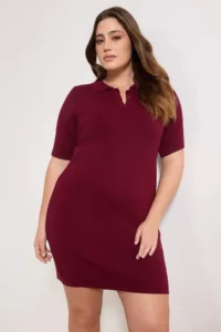 Trendyol Curve Burgundy Polo Shirt Collar buttoned Short / Mini Knit Dress - Image 2