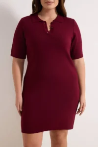 Trendyol Curve Burgundy Polo Shirt Collar buttoned Short / Mini Knit Dress - Image 3