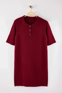 Trendyol Curve Burgundy Polo Shirt Collar buttoned Short / Mini Knit Dress - Image 5
