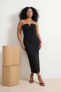 Trendyol Curve Black Weaving Plus Size Bodysuit hugging Midi Chic Evening Gown & Graduation Dress - Image 2