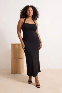 Trendyol Curve Black Body-Fitting Off-Shoulder Neck Weaving LONG Chic Evening Gown Plus Size Dress