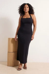 Trendyol Curve Black Body-Fitting Off-Shoulder Neck Weaving LONG Chic Evening Gown Plus Size Dress - Image 2