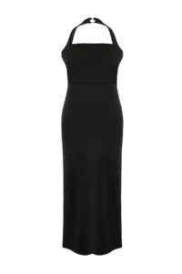 Trendyol Curve Black Body-Fitting Off-Shoulder Neck Weaving LONG Chic Evening Gown Plus Size Dress - Image 4