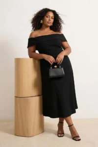 Trendyol Curve Black Carmen Collar A-Kesim Weaving Chic Evening Gown Plus Size Dress - Image 3