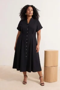 Trendyol Curve Black Waist Opening Midi Weaving Plus Size Shirt Dress - Image 2