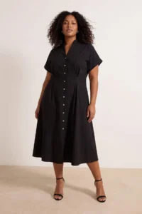 Trendyol Curve Black Waist Opening Midi Weaving Plus Size Shirt Dress - Image 3