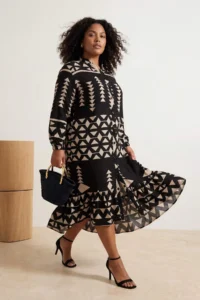 Trendyol Curve Black Midi Wide Cut Border Pattern Detailed Boho Weaving Plus Size Dress - Image 2