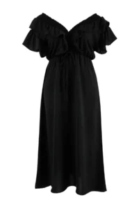 Trendyol Curve Black Plain A Cut with flywheel Midi Summer Weaving Plus Size Dress - Image 4