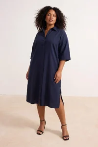Trendyol Curve Navy Blue Modal Wide Cut Midi Weaving Shirt Dress