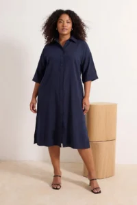 Trendyol Curve Navy Blue Modal Wide Cut Midi Weaving Shirt Dress - Image 2