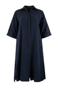 Trendyol Curve Navy Blue Modal Wide Cut Midi Weaving Shirt Dress - Image 4