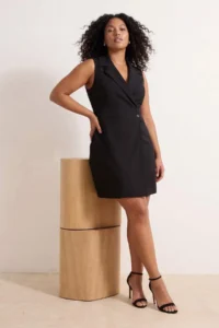 Trendyol Curve Black Jacket Yaka buttoned Mini Weaving Plus Size Dress