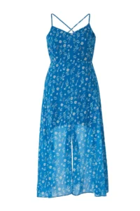 Trendyol Curve Mavi-Multicolored A Cut Lined Waist Detailed Floral Maxi Weaving Plus Size Dress