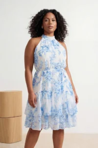 Trendyol Curve Ecru flower patterned A-Cut Boho Layered Lined Siphon Flight Flight Weaving Mini Dress