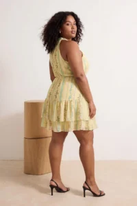 Trendyol Curve Yellow flower patterned A-Cut Boho Layered Lined Siphon Flight Flight Weaving Mini Dress
