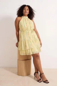 Trendyol Curve Yellow flower patterned A-Cut Boho Layered Lined Siphon Flight Flight Weaving Mini Dress - Image 2