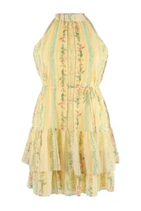 Trendyol Curve Yellow flower patterned A-Cut Boho Layered Lined Siphon Flight Flight Weaving Mini Dress - Image 4
