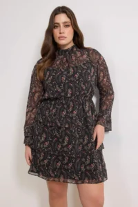 Trendyol Curve Black Crispy flower patterned Mini Siphon Lined Weaving Plus Size Dress