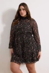 Trendyol Curve Black Crispy flower patterned Mini Siphon Lined Weaving Plus Size Dress - Image 2