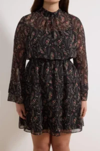 Trendyol Curve Black Crispy flower patterned Mini Siphon Lined Weaving Plus Size Dress - Image 3