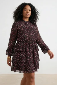 Trendyol Curve Brown Crispy flower patterned Mini Siphon Lined Weaving Plus Size Dress - Image 3