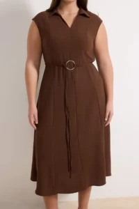 Trendyol Curve Brown Aerobin Midi Summer Weaving Plus Size Dress - Image 3