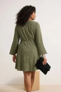 Trendyol Curve Khaki Striped Laced V-neck Mini Weaving Plus Size Dress - Image 2
