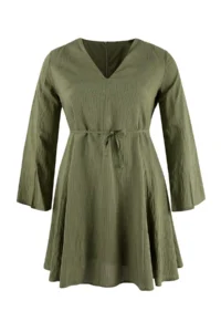 Trendyol Curve Khaki Striped Laced V-neck Mini Weaving Plus Size Dress - Image 3