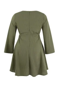 Trendyol Curve Khaki Striped Laced V-neck Mini Weaving Plus Size Dress - Image 5