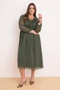 Trendyol Curve Khaki Siphon V-neck with flywheel Maxi Weaving Plus Size Dress