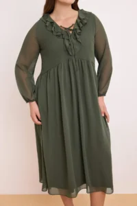 Trendyol Curve Khaki Siphon V-neck with flywheel Maxi Weaving Plus Size Dress - Image 3