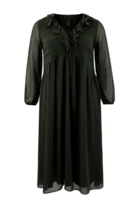 Trendyol Curve Khaki Siphon V-neck with flywheel Maxi Weaving Plus Size Dress - Image 5