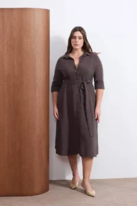Trendyol Curve Wardrobe Essentials Brown Modal Weaving Plus Size Shirt Dress - Image 2