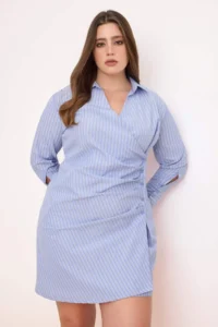 Trendyol Curve Mavi Mini Striped Weaving Plus Size Shirt Dress - Image 2