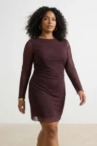 Trendyol Curve Brown flower patterned A-line Mini Knitting Plus Size Dress - Image 2