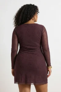 Trendyol Curve Brown flower patterned A-line Mini Knitting Plus Size Dress - Image 3