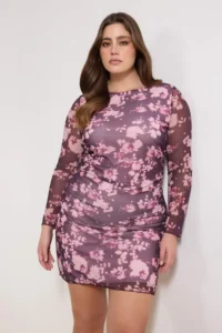 Trendyol Curve Burgundy flower patterned A-line Mini Knitting Plus Size Dress - Image 2