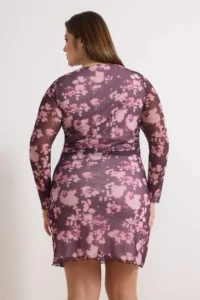 Trendyol Curve Burgundy flower patterned A-line Mini Knitting Plus Size Dress - Image 4