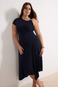 Trendyol Curve Navy Blue Asymmetric Yaka Accessory Detailed Knitting Plus Size Dress - Image 2