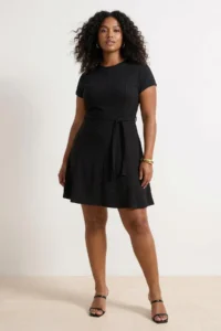 Trendyol Curve Black Crew Neck Belted skater Short/Mini Knitting Plus Size Dress - Image 2