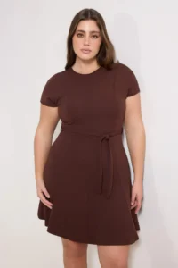 Trendyol Curve Brown Crew Neck Belted skater Short/Mini Knitting Plus Size Dress - Image 2