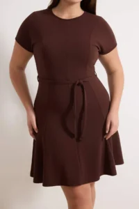 Trendyol Curve Brown Crew Neck Belted skater Short/Mini Knitting Plus Size Dress - Image 3